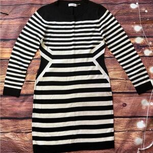 Calvin Klein Black and White Striped Long Sleeve Dress